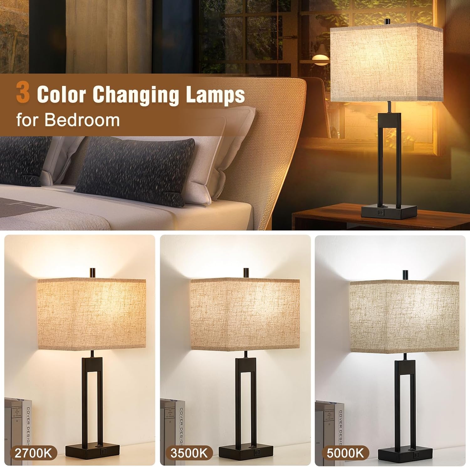 Set of 2 Modern Nightstand Table Lamps with USB Ports, 25.5’’ Bedside Lamp for Bedrooms, End Tables, and Living Rooms - 3 Colors Changing Option
