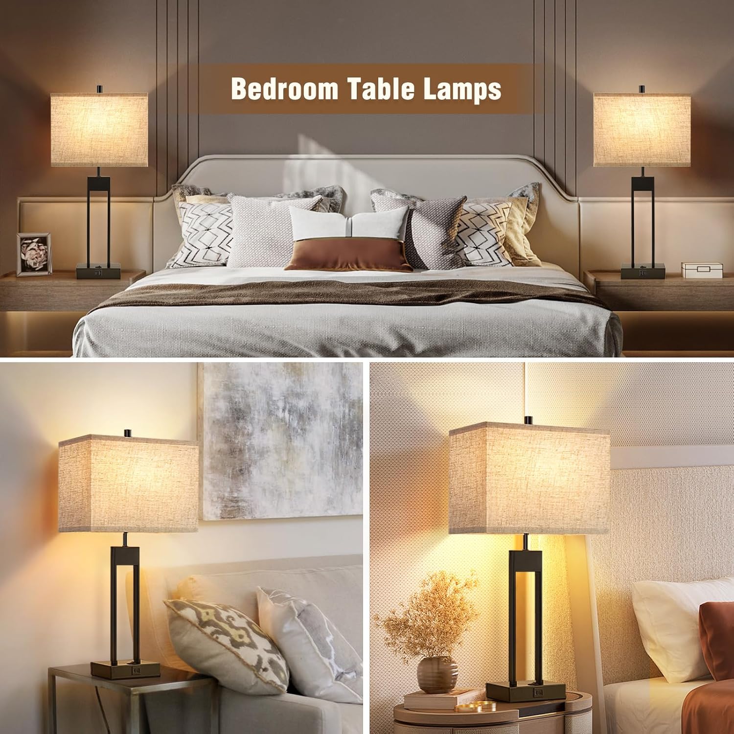 Set of 2 Modern Nightstand Table Lamps with USB Ports, 25.5’’ Bedside Lamp for Bedrooms, End Tables, and Living Rooms - 3 Colors Changing Option