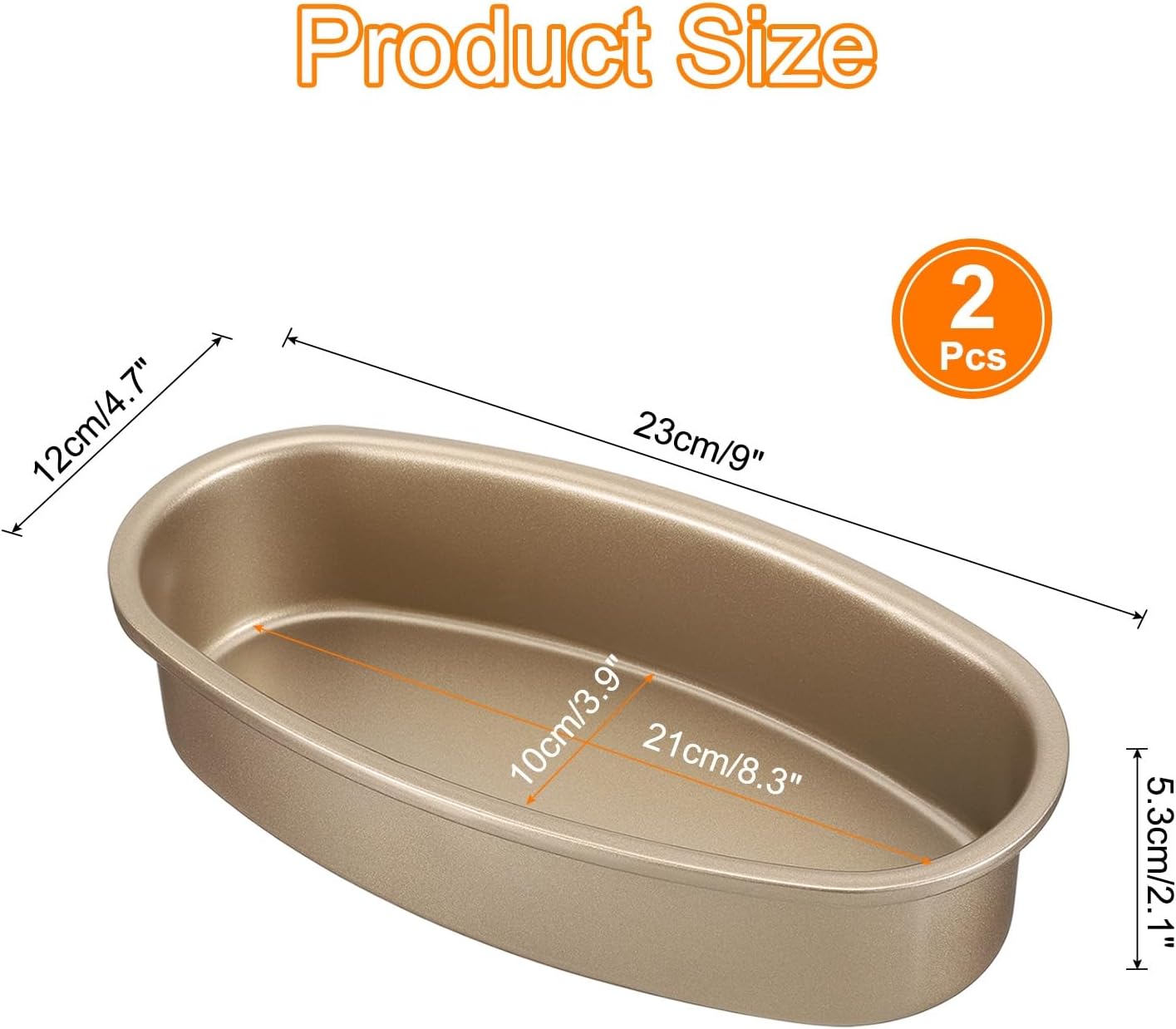 Set of 2 Oval 9-Inch Non-Stick Cake Pans - Leakproof Cheese Cake Molds for Baking - Carbon Steel Bread Pan for Oven - Gold Color