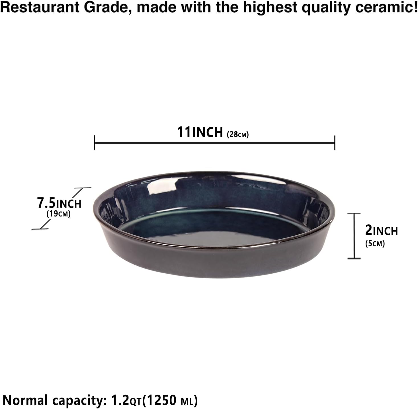 Set of 2 Oval Porcelain Pie Pans - 1.2 Quart Non-Stick Baking Dishes for Apple, Quiche, Pot Pies, and More - Oven Safe Dessert Plates 11 x 7.5 Inch