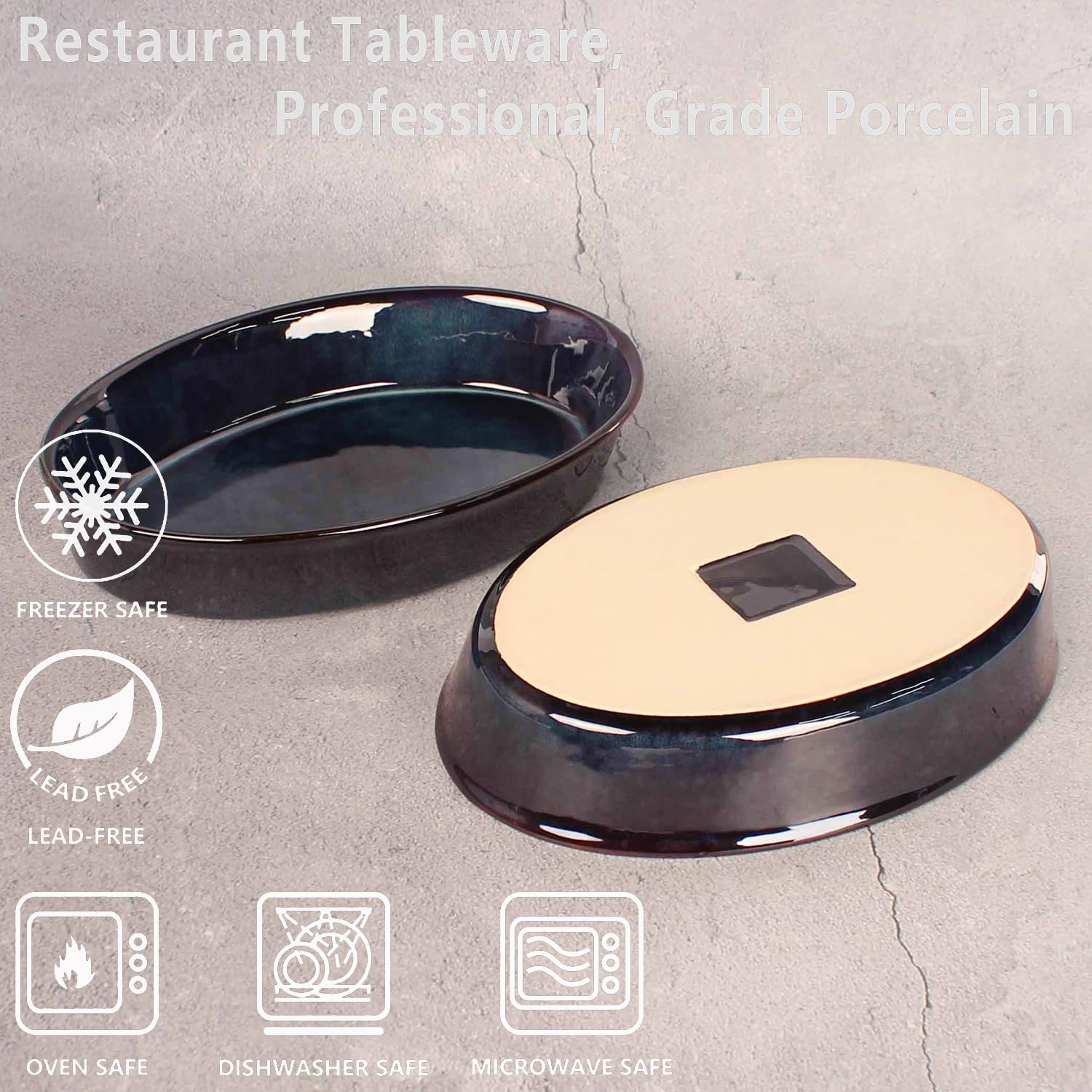 Set of 2 Oval Porcelain Pie Pans - 1.2 Quart Non-Stick Baking Dishes for Apple, Quiche, Pot Pies, and More - Oven Safe Dessert Plates 11 x 7.5 Inch