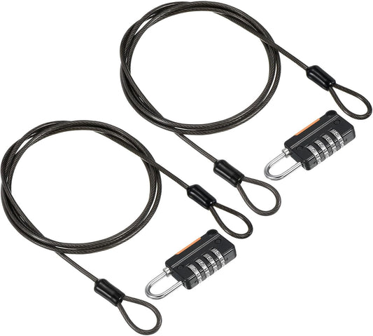 Set of 2 PATIKIL Security Steel Cable Locks with 4 Digit Combination - 1.6Ft Coated Safety Wire Rope Double Loop Padlock for Outdoor Travel Luggage - Black