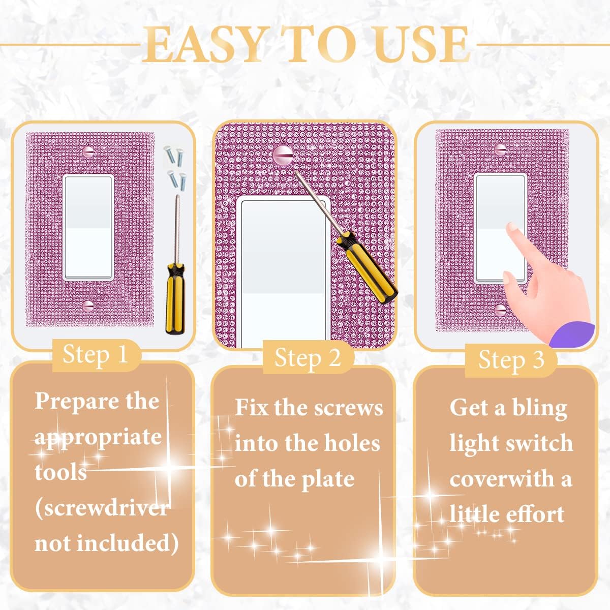 Set of 2 Pink Sparkly Light Switch and Outlet Cover Plates with Rhinestones for a Glamorous Touch to Your Home Decor