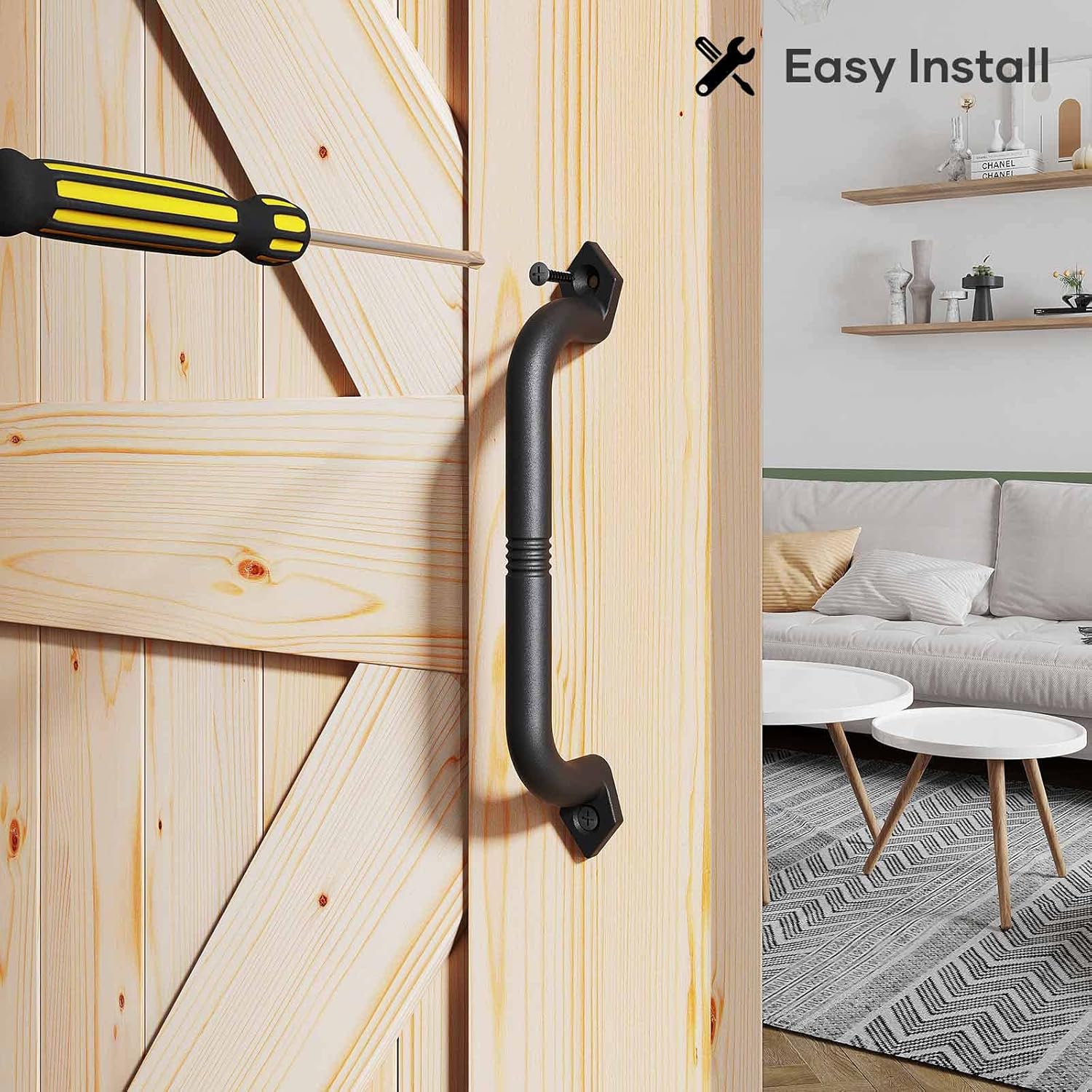 Set of 2 Rustic Black Cast Iron 10" Barn Door Pull Handles by EaseLife - Easy Installation Gate Handles