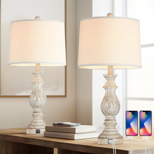 Set of 2 Rustic Table Lamps with USB Charging Ports for Living Room and Bedroom - Vintage Nightstand Lamp with Dimmable End Table Resin Desk Lamp (26.3")