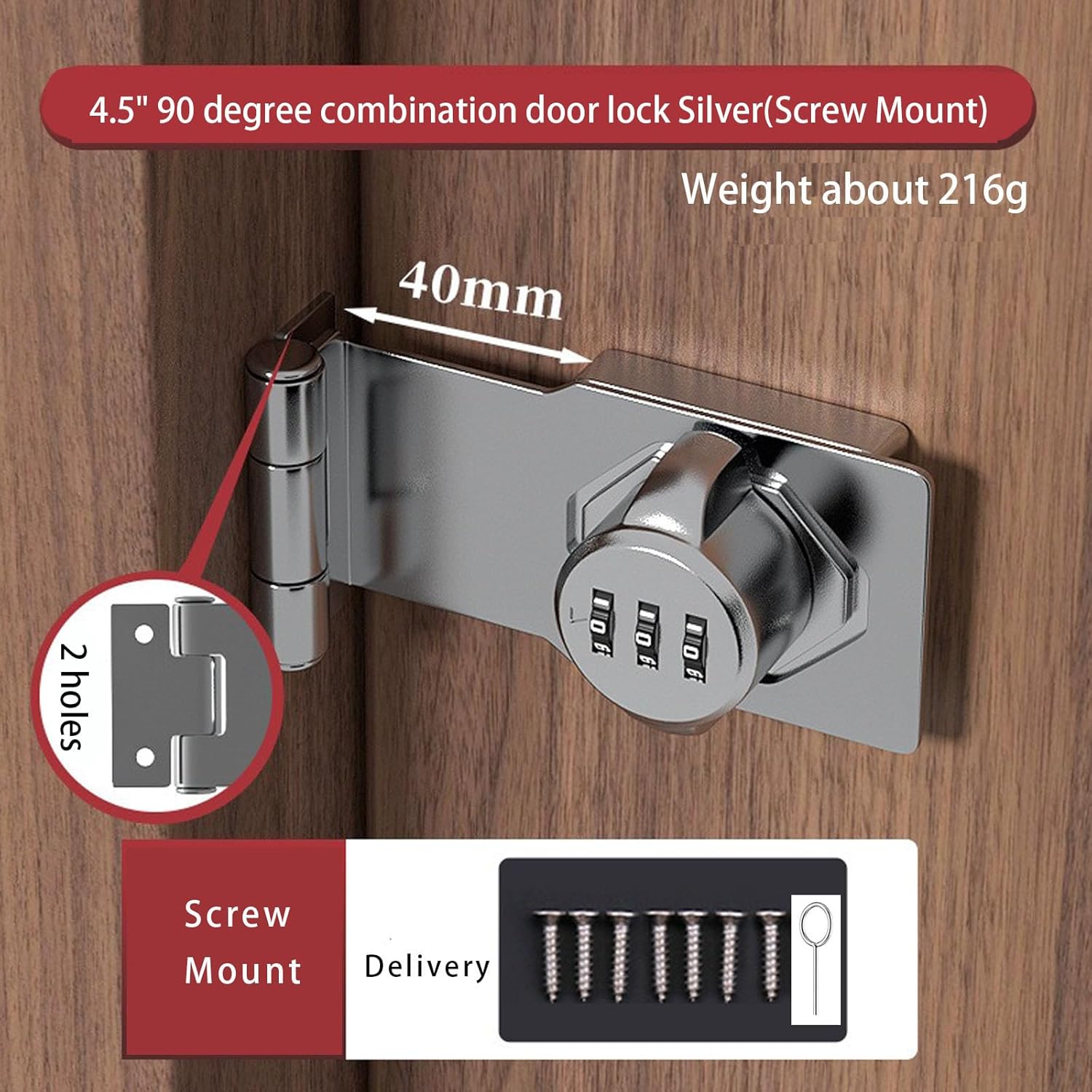 Set of 2 Silver 4.5 inch Combination Door Locks for Small Doors & Cabinets, Keyless Latch with Screws - Ideal for Household Security & Barn Doors