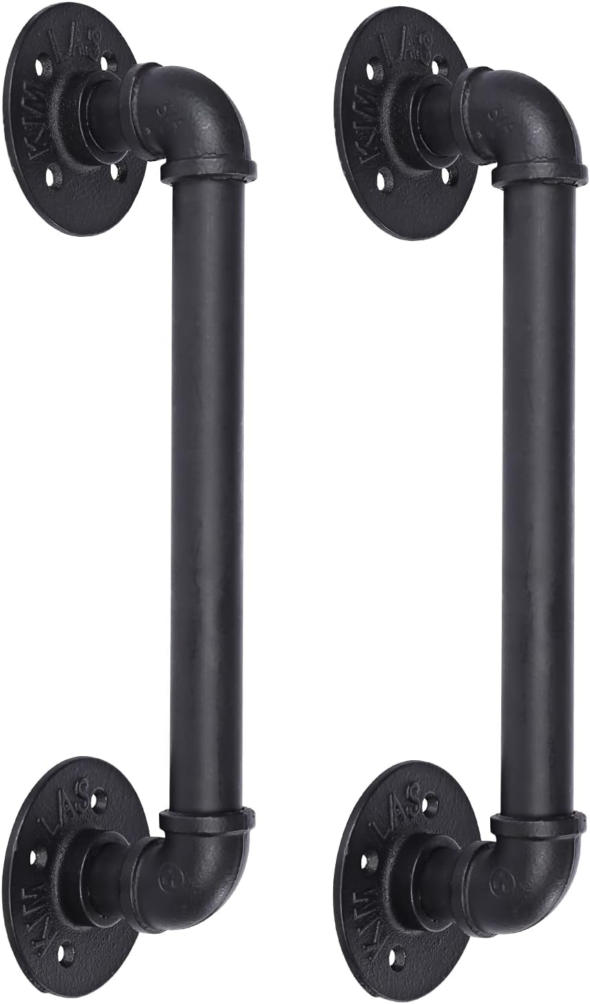 Set of 2 Sliding Barn Door Handles, 14 inch Industrial Pipe Pull Handles, Grab Bar Towel Bar, Antique Rustic Cast Iron Handrail - Matte Black