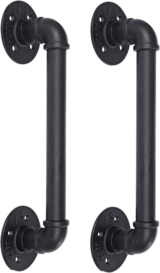 Set of 2 Sliding Barn Door Handles, 14 inch Industrial Pipe Pull Handles, Grab Bar Towel Bar, Antique Rustic Cast Iron Handrail - Matte Black