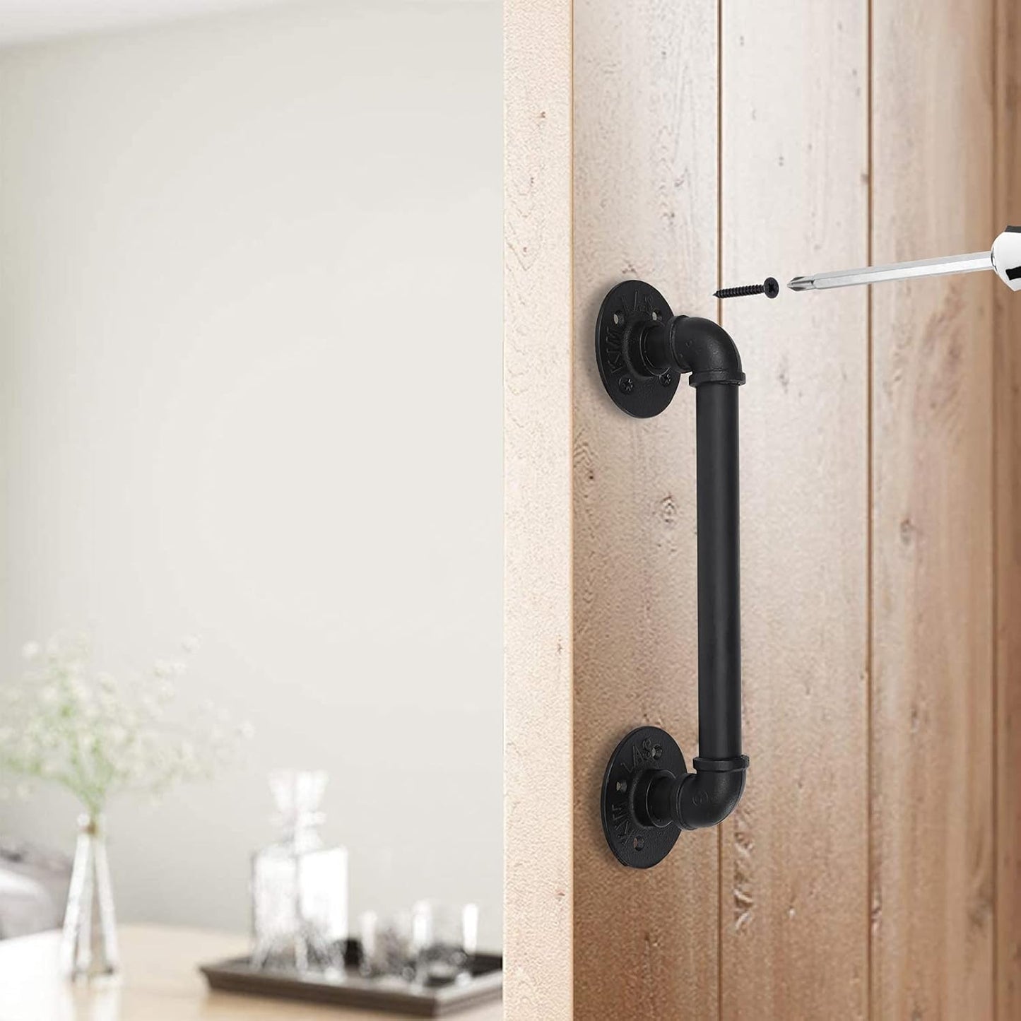 Set of 2 Sliding Barn Door Handles, 14 inch Industrial Pipe Pull Handles, Grab Bar Towel Bar, Antique Rustic Cast Iron Handrail - Matte Black