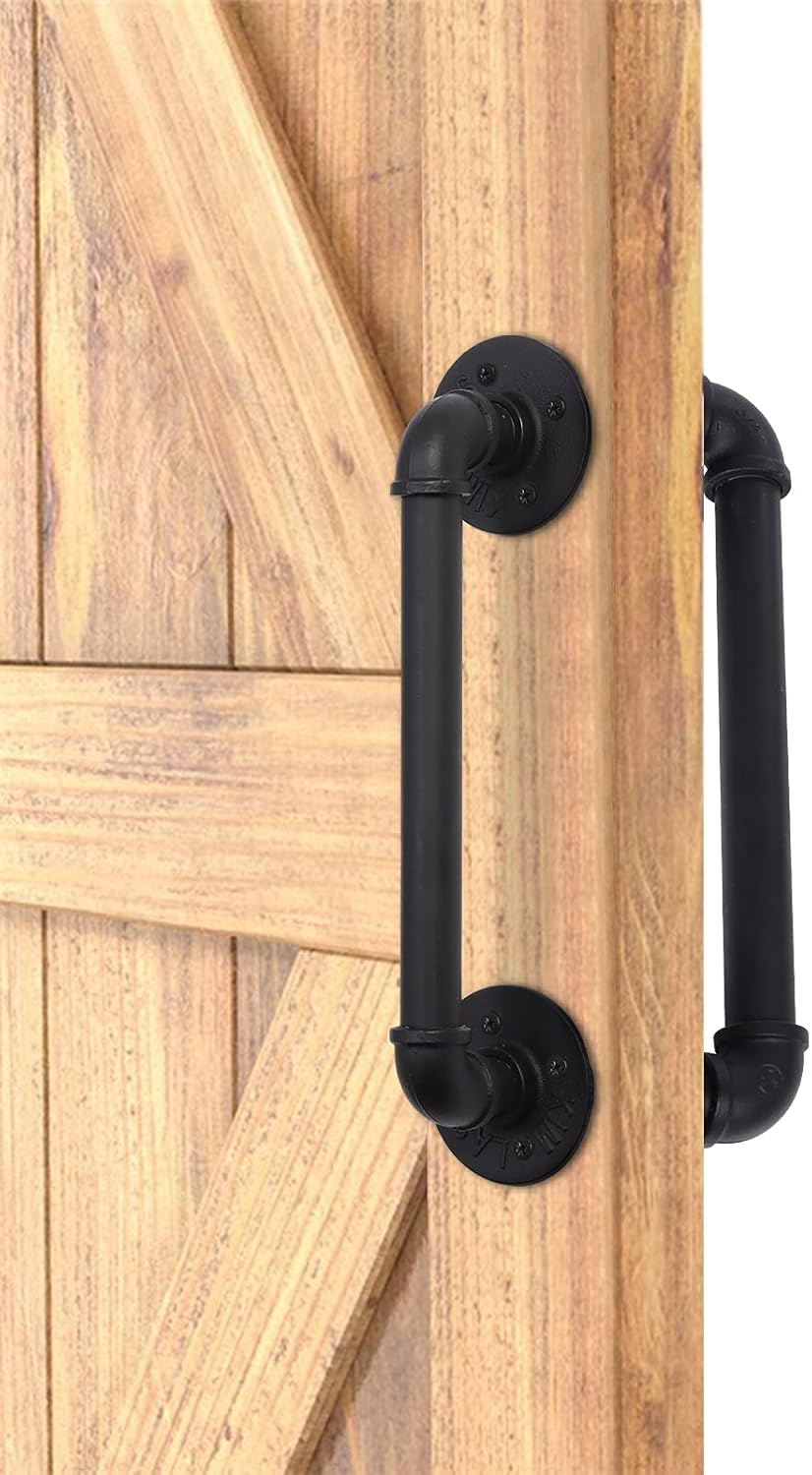 Set of 2 Sliding Barn Door Handles, 14 inch Industrial Pipe Pull Handles, Grab Bar Towel Bar, Antique Rustic Cast Iron Handrail - Matte Black