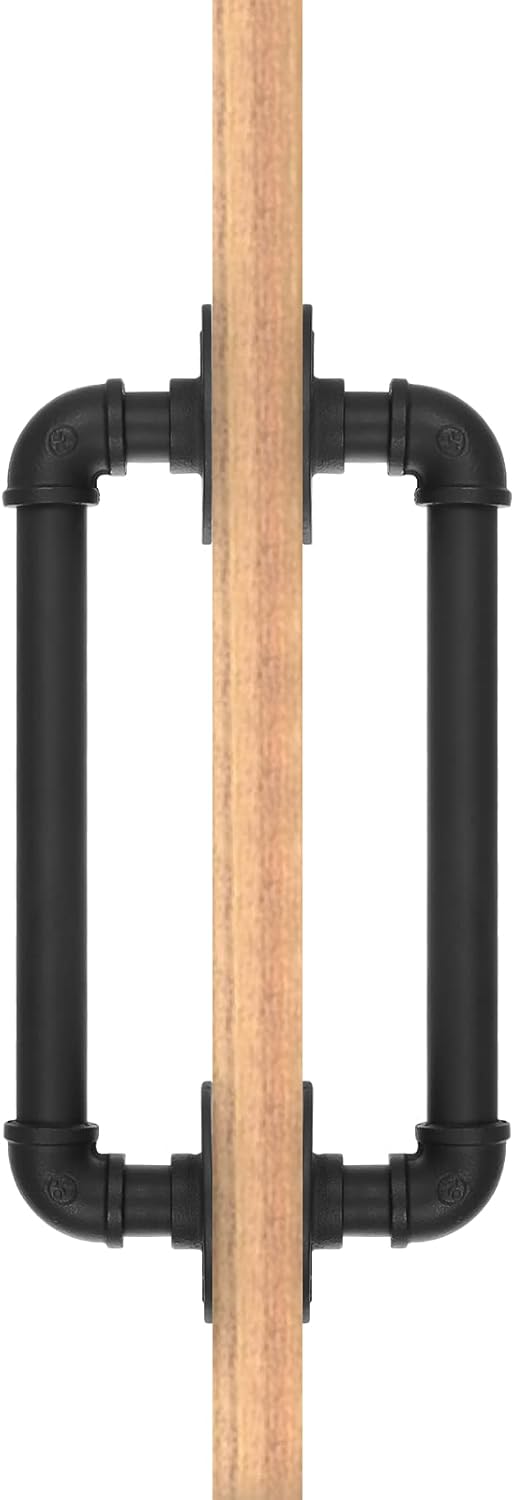 Set of 2 Sliding Barn Door Handles, 14 inch Industrial Pipe Pull Handles, Grab Bar Towel Bar, Antique Rustic Cast Iron Handrail - Matte Black