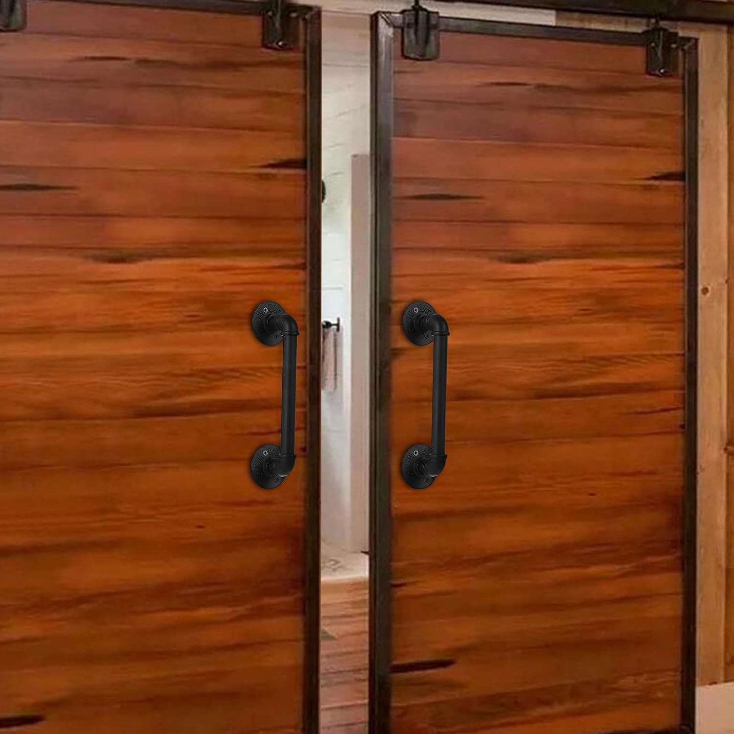 Set of 2 Sliding Barn Door Handles, 14 inch Industrial Pipe Pull Handles, Grab Bar Towel Bar, Antique Rustic Cast Iron Handrail - Matte Black