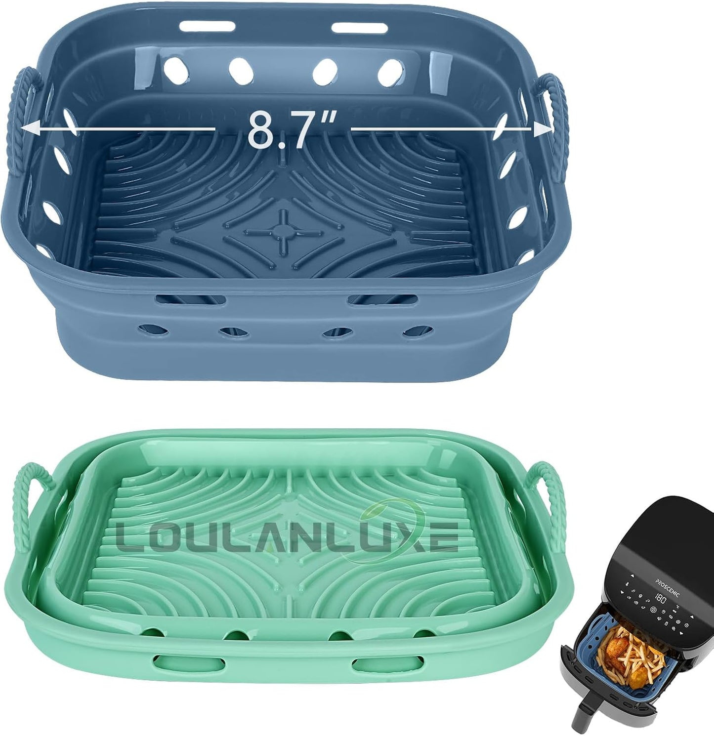 Set of 2 Square Silicone Air Fryer Liners for 5.8-8 QT Basket, Heat Resistant, Food Grade, Air Circulation Design - Blue+Green