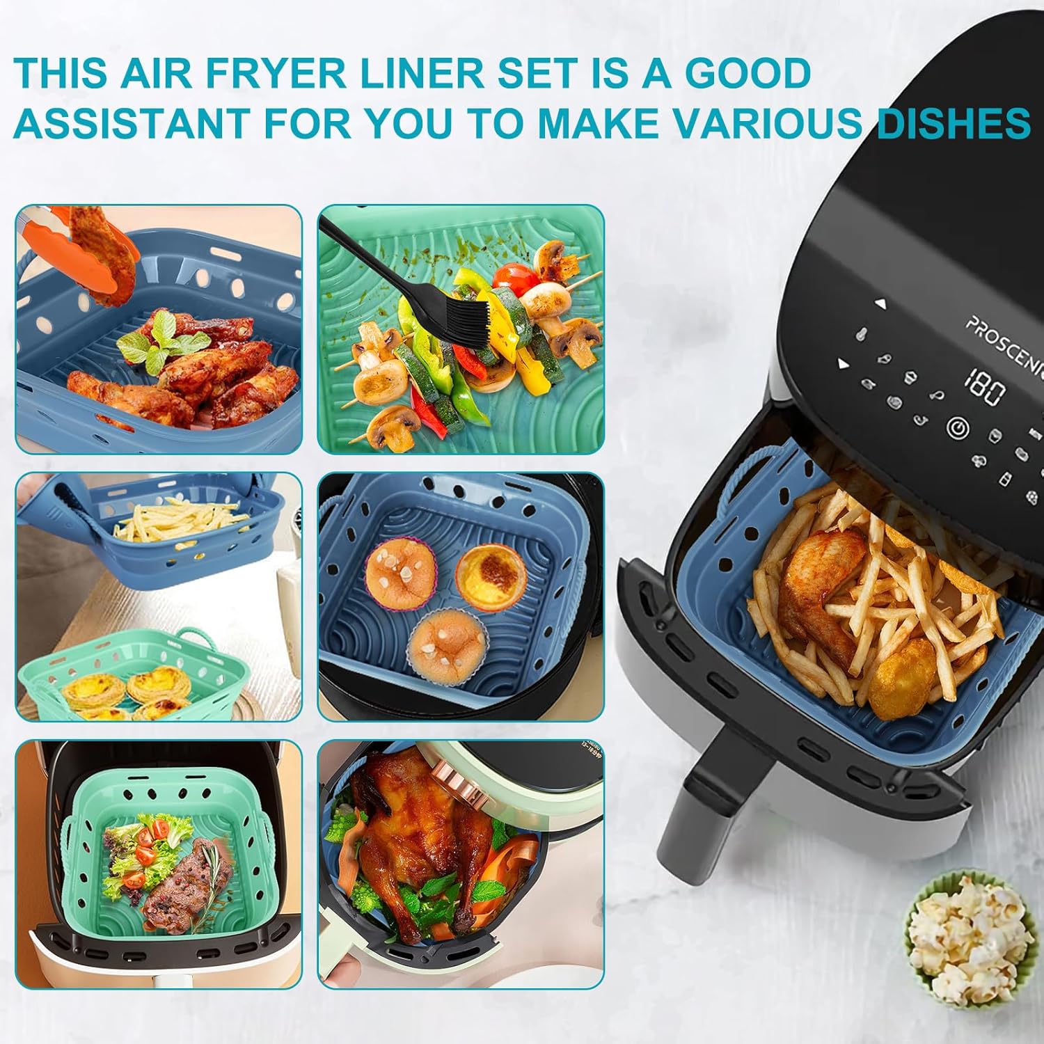 Set of 2 Square Silicone Air Fryer Liners for 5.8-8 QT Basket, Heat Resistant, Food Grade, Air Circulation Design - Blue+Green