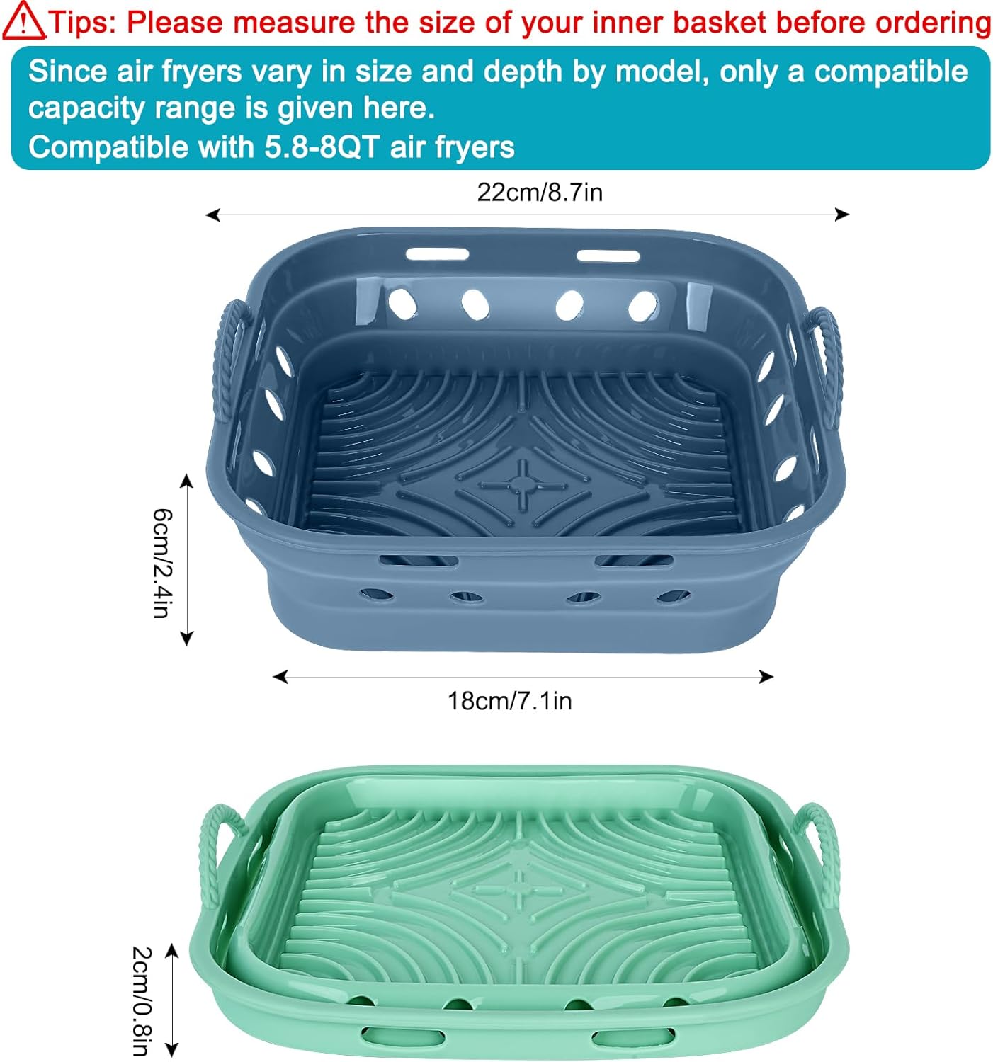 Set of 2 Square Silicone Air Fryer Liners for 5.8-8 QT Basket, Heat Resistant, Food Grade, Air Circulation Design - Blue+Green