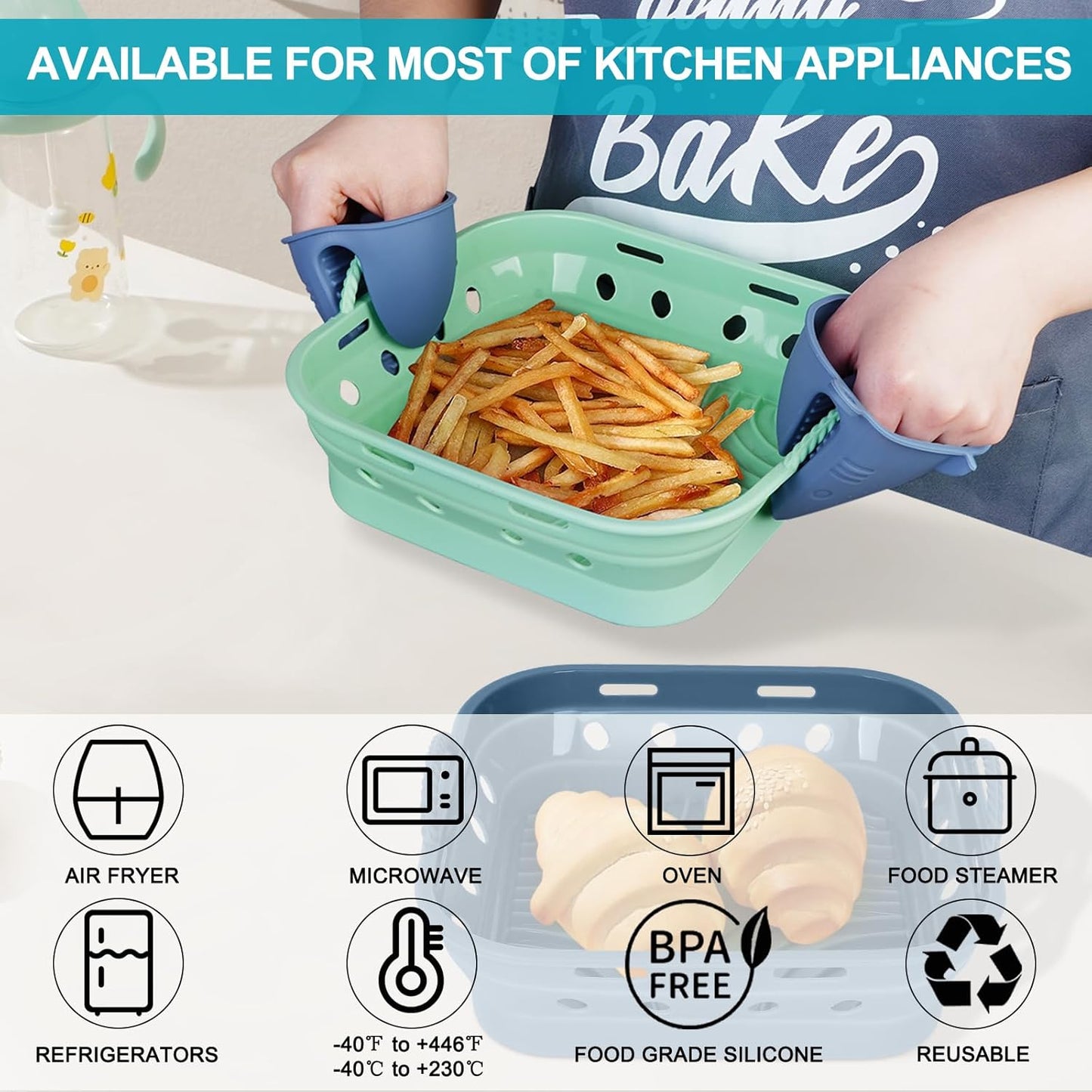 Set of 2 Square Silicone Air Fryer Liners for 5.8-8 QT Basket, Heat Resistant, Food Grade, Air Circulation Design - Blue+Green