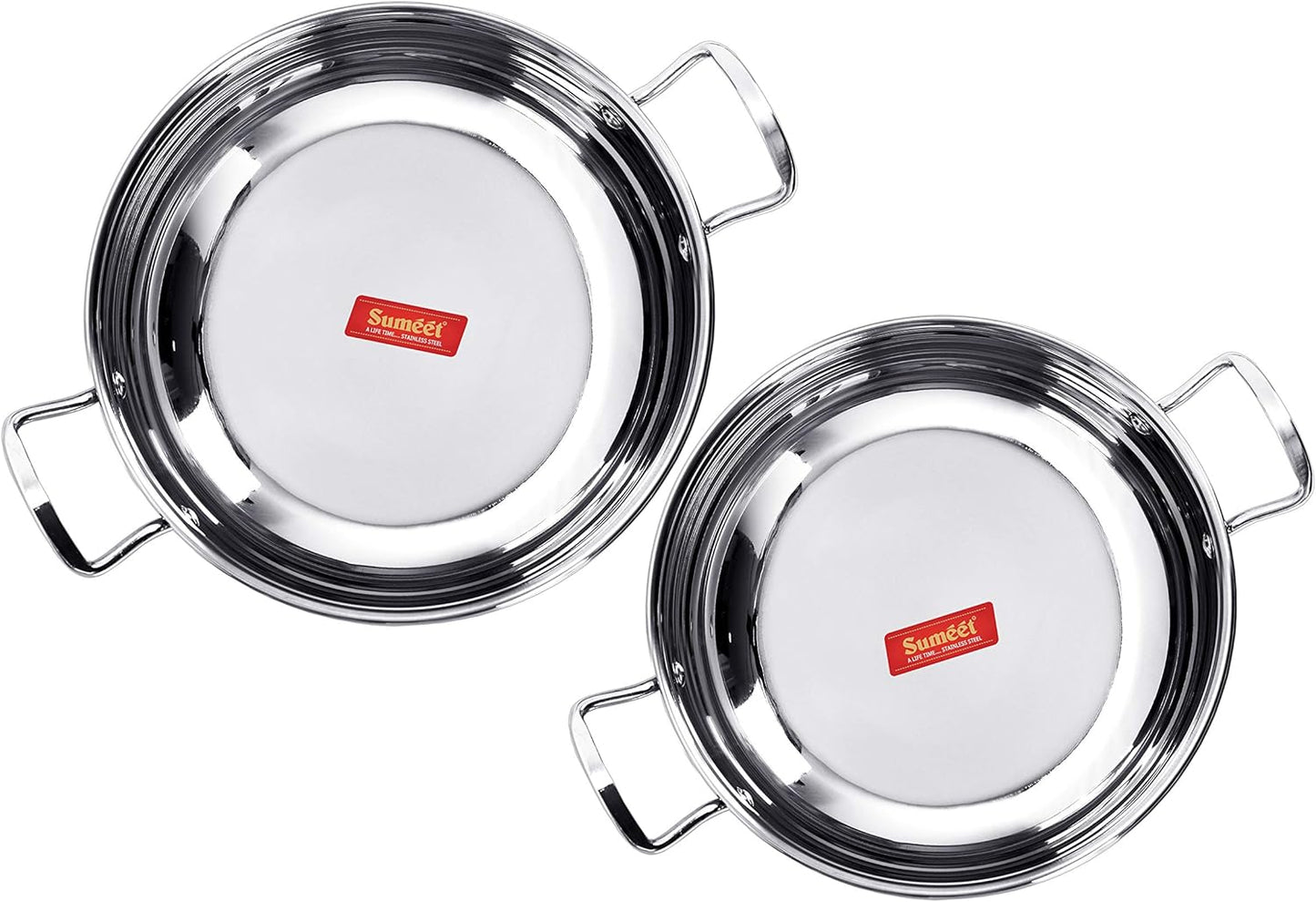 Set of 2 Stainless Steel Kadhai with Induction Bottom - Gas Stove Compatible - Sizes 12 (1.9 L) & 13 (2.3 L)
