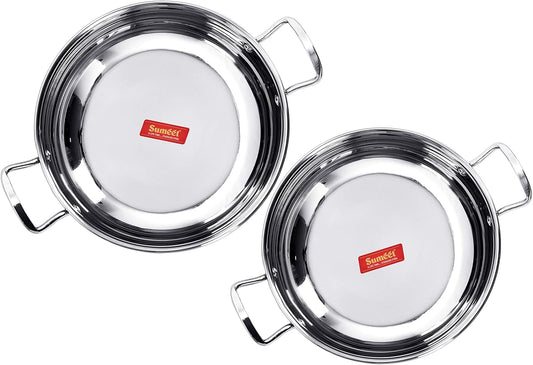 Set of 2 Stainless Steel Kadhai with Induction Bottom - Gas Stove Compatible - Sizes 12 (1.9 L) & 13 (2.3 L)