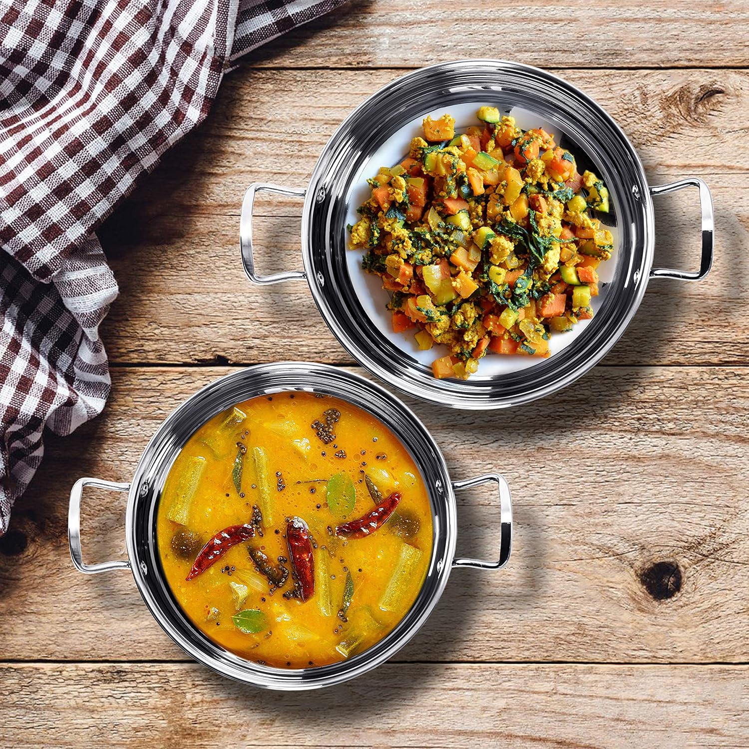 Set of 2 Stainless Steel Kadhai with Induction Bottom - Gas Stove Compatible - Sizes 12 (1.9 L) & 13 (2.3 L)