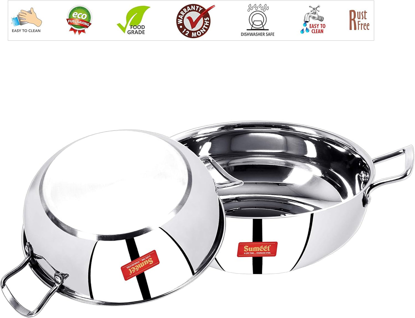 Set of 2 Stainless Steel Kadhai with Induction Bottom - Gas Stove Compatible - Sizes 12 (1.9 L) & 13 (2.3 L)