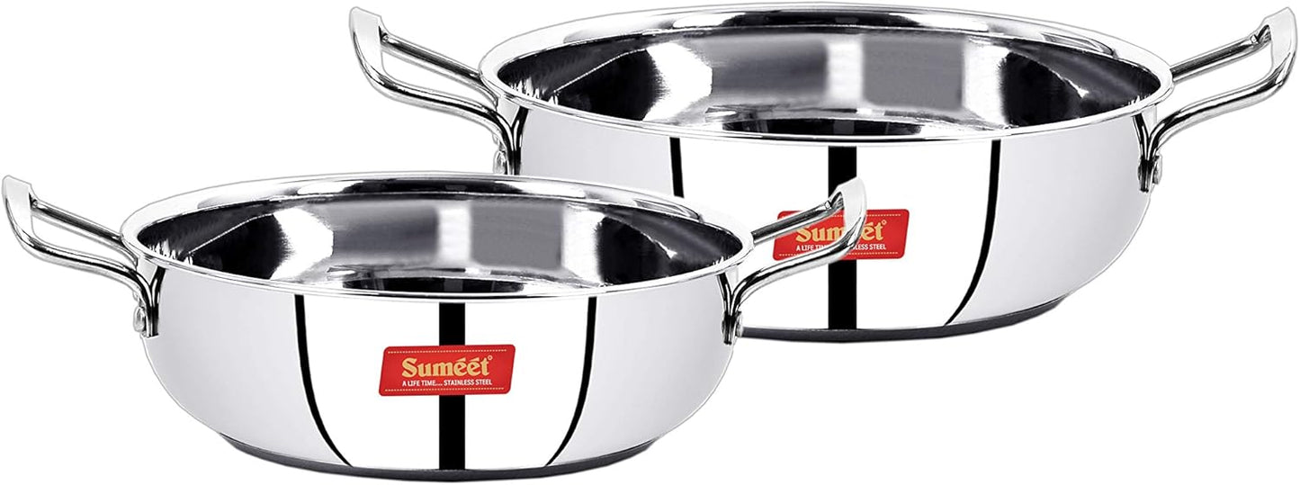 Set of 2 Stainless Steel Kadhai with Induction Bottom - Gas Stove Compatible - Sizes 12 (1.9 L) & 13 (2.3 L)
