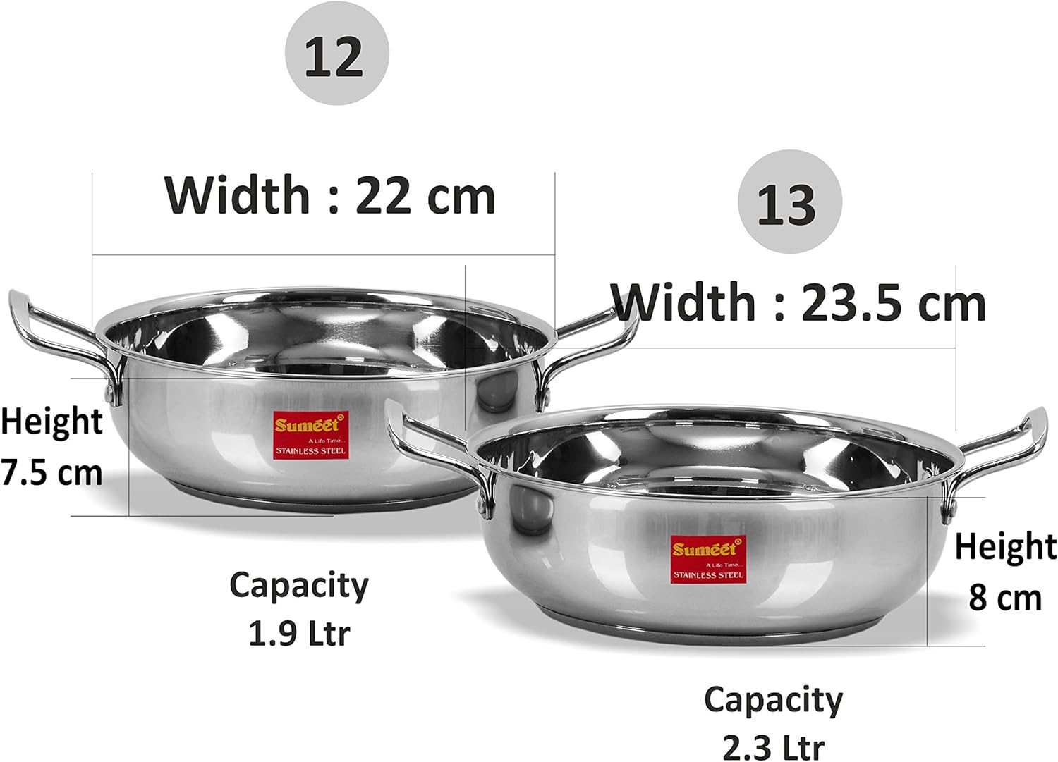 Set of 2 Stainless Steel Kadhai with Induction Bottom - Gas Stove Compatible - Sizes 12 (1.9 L) & 13 (2.3 L)