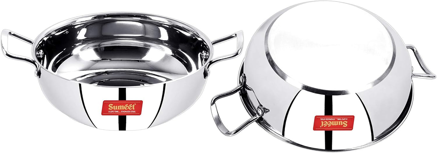 Set of 2 Stainless Steel Kadhai with Induction Bottom - Gas Stove Compatible - Sizes 12 (1.9 L) & 13 (2.3 L)