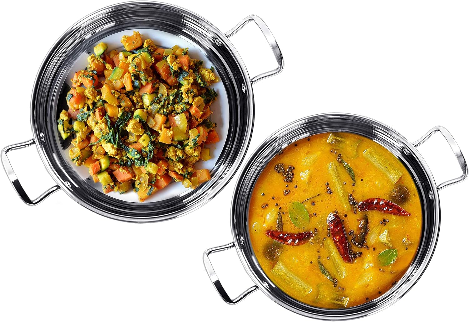 Set of 2 Stainless Steel Kadhai with Induction Bottom - Gas Stove Compatible - Sizes 12 (1.9 L) & 13 (2.3 L)