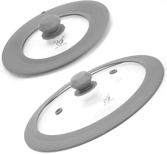 Set of 2 Vented Tempered Glass Universal Lids for Pots and Pans with Silicone Splatter Cover - Microwave Safe (6.5" to 12.5")