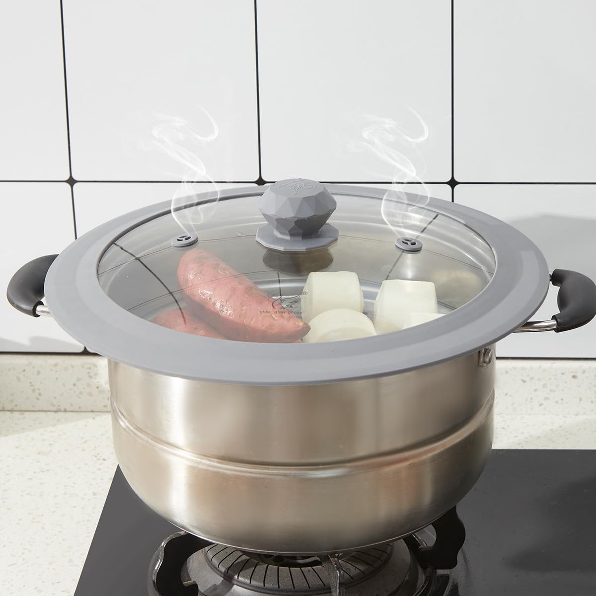 Set of 2 Vented Tempered Glass Universal Lids for Pots and Pans with Silicone Splatter Cover - Microwave Safe (6.5" to 12.5")