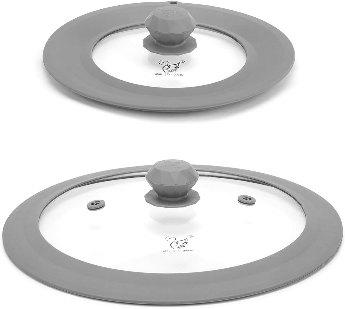 Set of 2 Vented Tempered Glass Universal Lids for Pots and Pans with Silicone Splatter Cover - Microwave Safe (6.5" to 12.5")