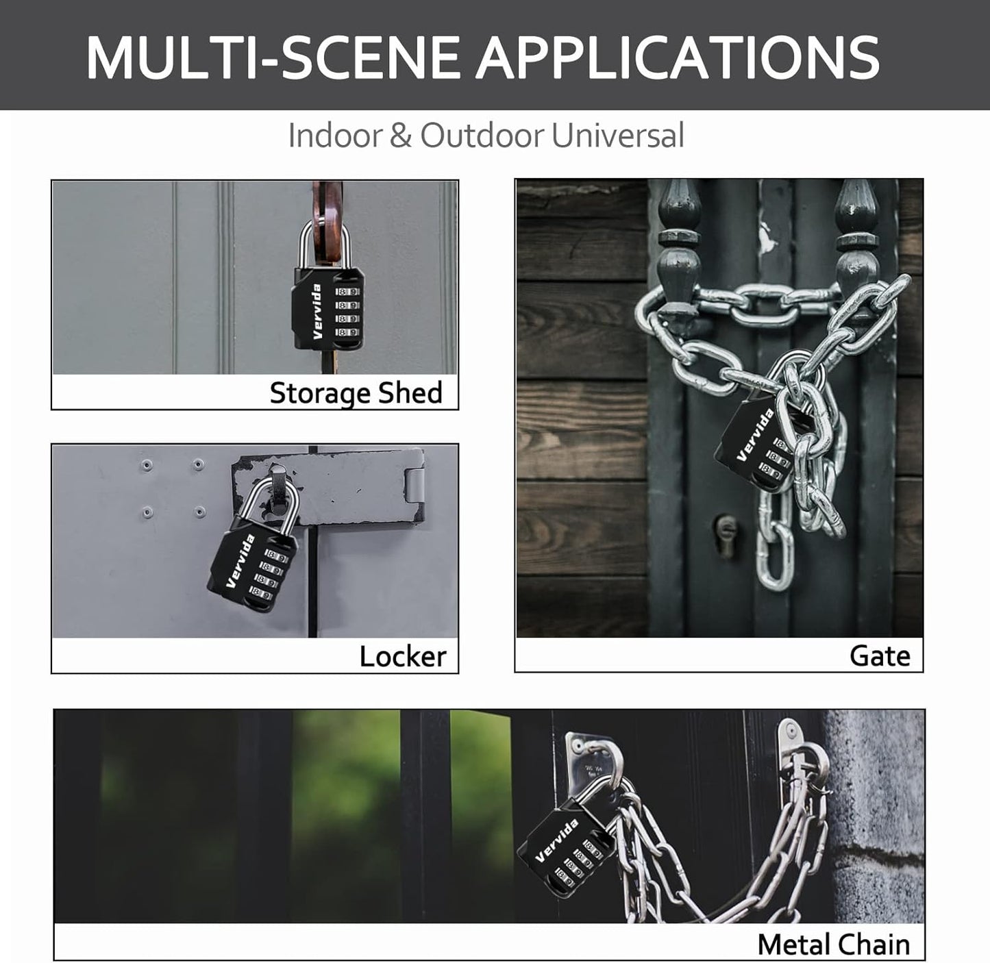 Set of 2 Vervida Resettable Waterproof Combination Locks - 4 Digit Outdoor Combo Padlocks for School Gym, Sports Locker, Toolbox, Gate - Black - WildKart