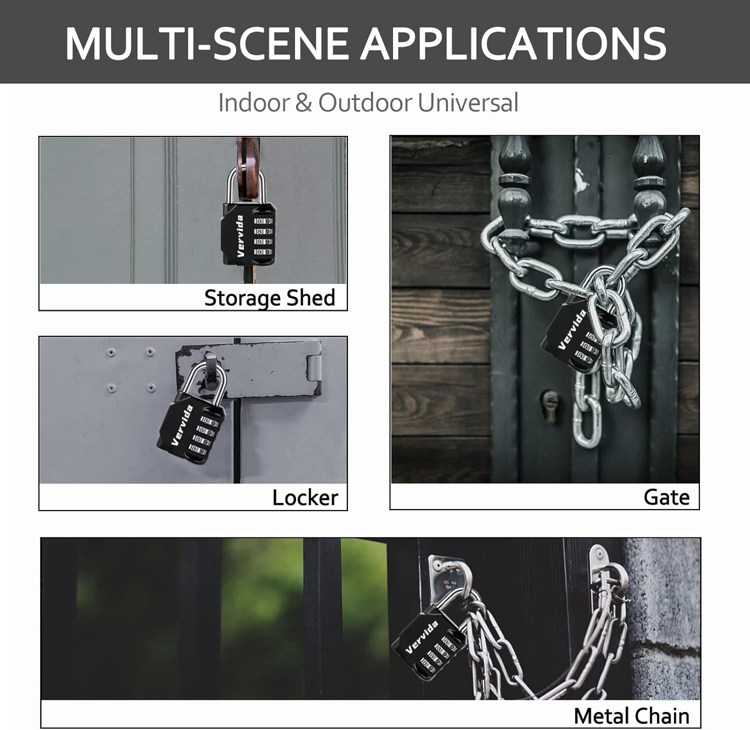 Set of 2 Vervida Resettable Waterproof Combination Locks - 4 Digit Outdoor Combo Padlocks for School Gym, Sports Locker, Toolbox, Gate - Black - WildKart