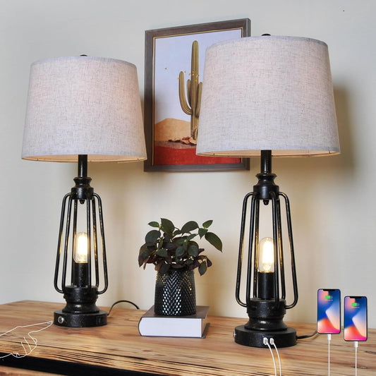Set of 2 Vintage Metal Table Lamps with USB and Type-C Ports, 3-Way Dimmable Desk Lamp for Living Room and Bedroom - 28 inch Night Light with 4 Bulbs