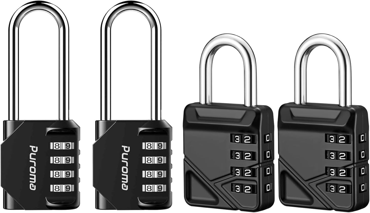 Set of 2 Waterproof 4 Digit Combination Padlocks with Long Shackles - Ideal for Lockers, School Gym, Sports Locker, Gates, Cases, and Storage.
