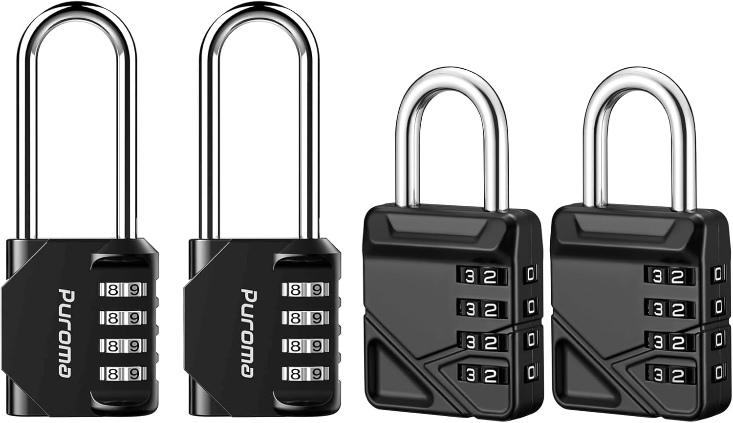 Set of 2 Waterproof 4 Digit Combination Padlocks with Long Shackles - Ideal for Lockers, School Gym, Sports Locker, Gates, Cases, and Storage.