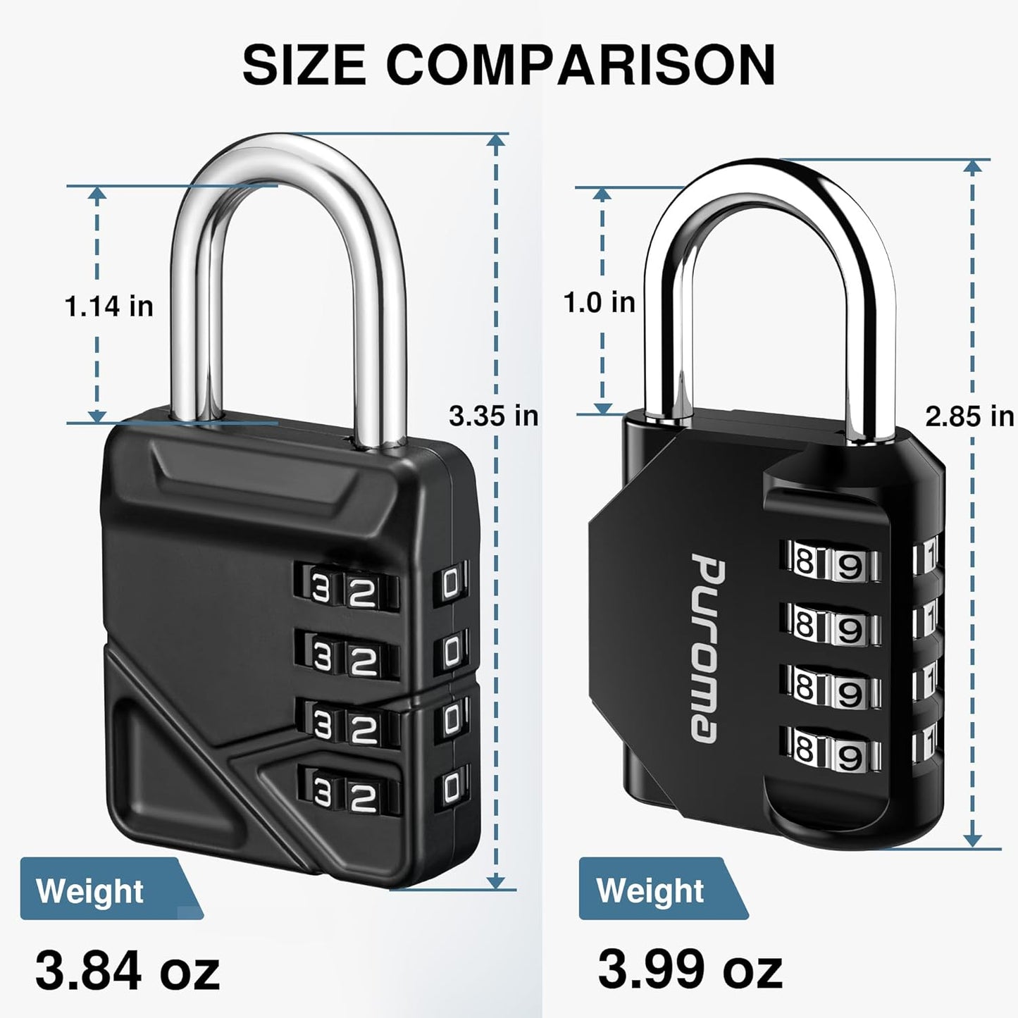 Set of 2 Waterproof 4 Digit Combination Padlocks with Long Shackles - Ideal for Lockers, School Gym, Sports Locker, Gates, Cases, and Storage.