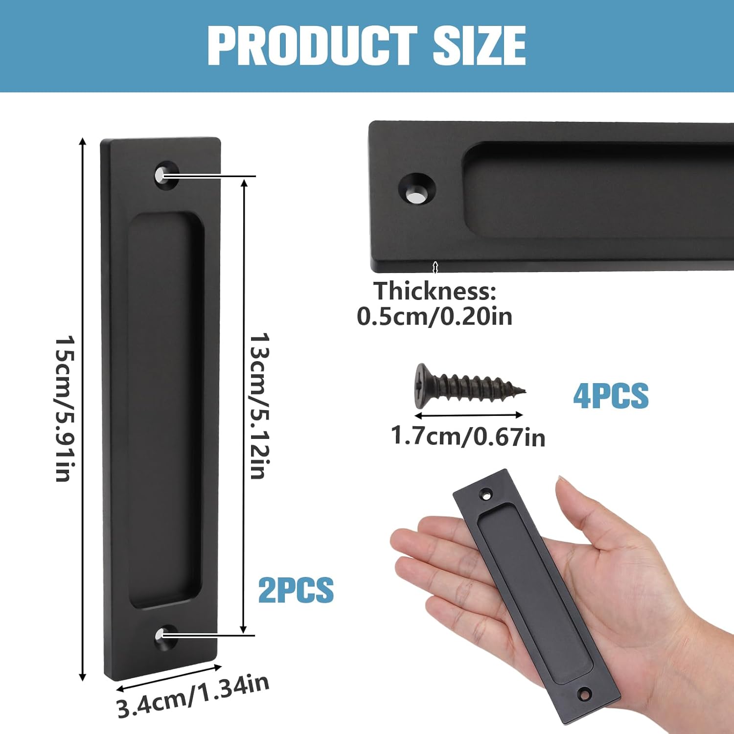 Set of 2 YENOVO 6" Black Flush Door Handle Finger Pulls for Sliding Closet & Pocket Doors - Recessed Barn Door Handles with Screws