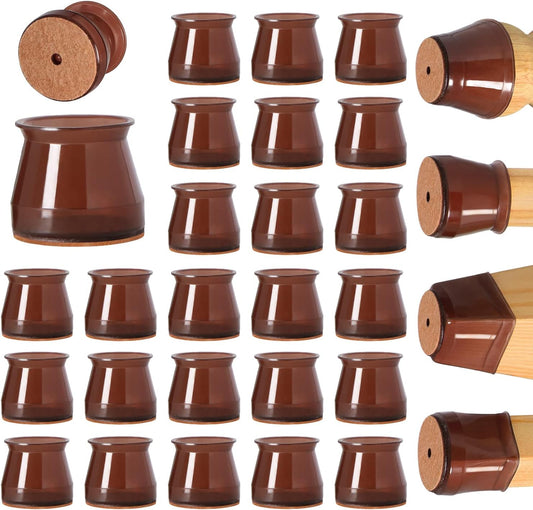 Set of 24 Brown Chair Leg Floor Protectors - Furniture Felt Pads for Hardwood Floors - Silicone Caps for Chair Legs (Large Size: 1.3''-2'')