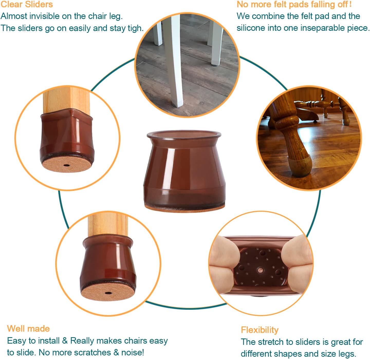 Set of 24 Brown Chair Leg Floor Protectors - Furniture Felt Pads for Hardwood Floors - Silicone Caps for Chair Legs (Large Size: 1.3''-2'')