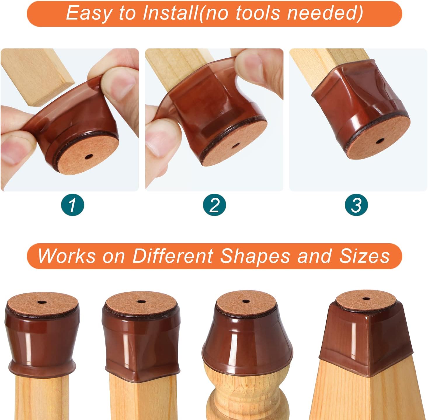 Set of 24 Brown Chair Leg Floor Protectors - Furniture Felt Pads for Hardwood Floors - Silicone Caps for Chair Legs (Large Size: 1.3''-2'')