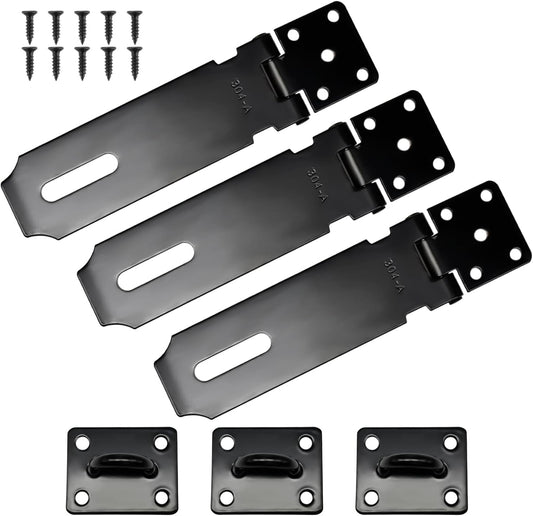 Set of 3 5-Inch Matte Black Stainless Steel Door Lock Hasp Latches with Screws - Heavy Duty Gate Safety Padlock Latch - WildKart