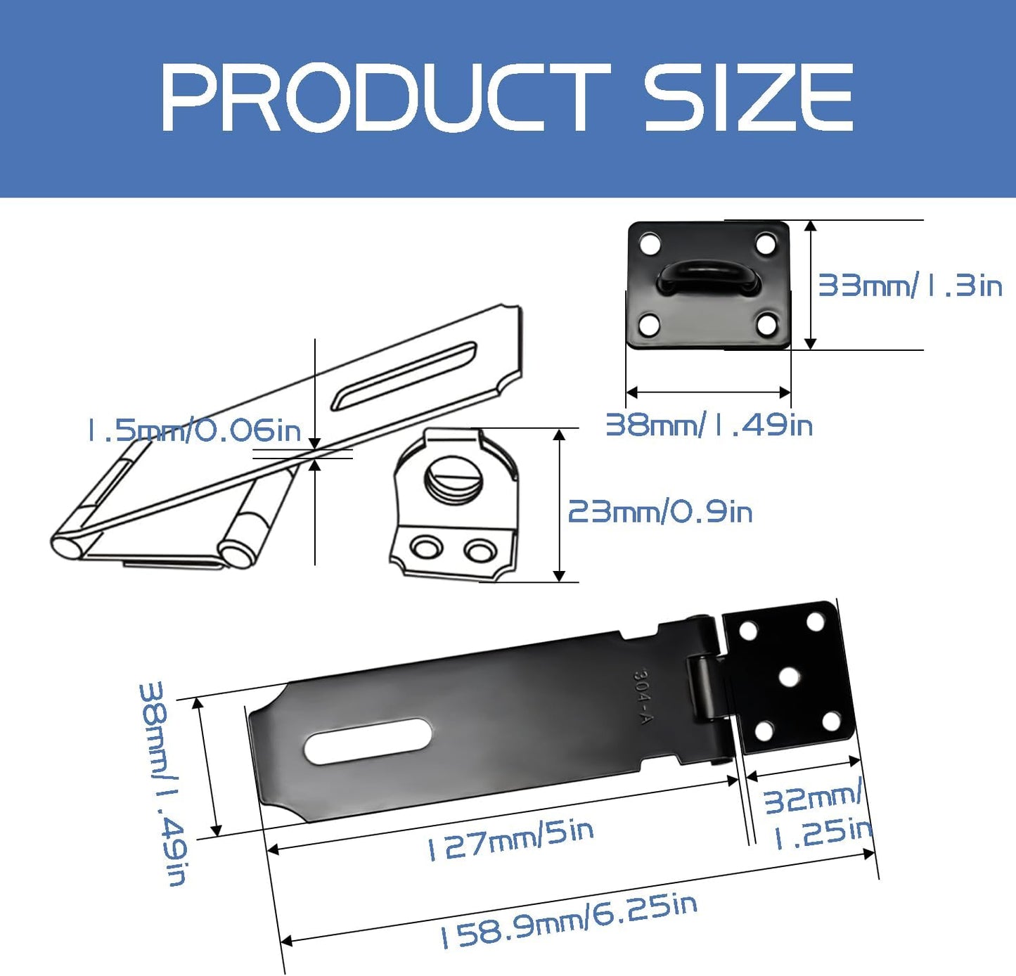 Set of 3 5-Inch Matte Black Stainless Steel Door Lock Hasp Latches with Screws - Heavy Duty Gate Safety Padlock Latch - WildKart