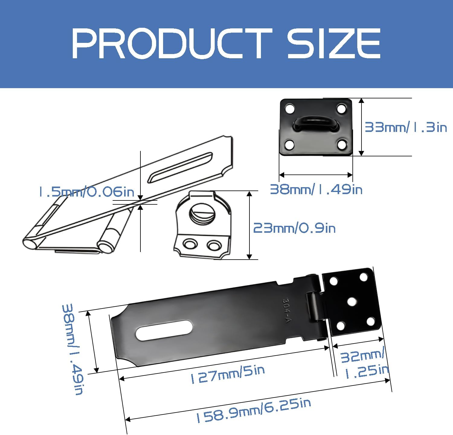 Set of 3 5-Inch Matte Black Stainless Steel Door Lock Hasp Latches with Screws - Heavy Duty Gate Safety Padlock Latch - WildKart