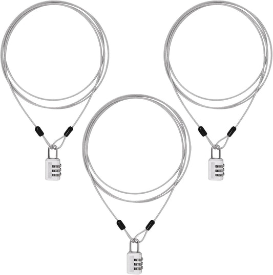Set of 3 7Ft Silver Long Security Cable Locks with Double Loops - 2.5mm Thick Wire for Outdoor Use on Clothesline or Luggage