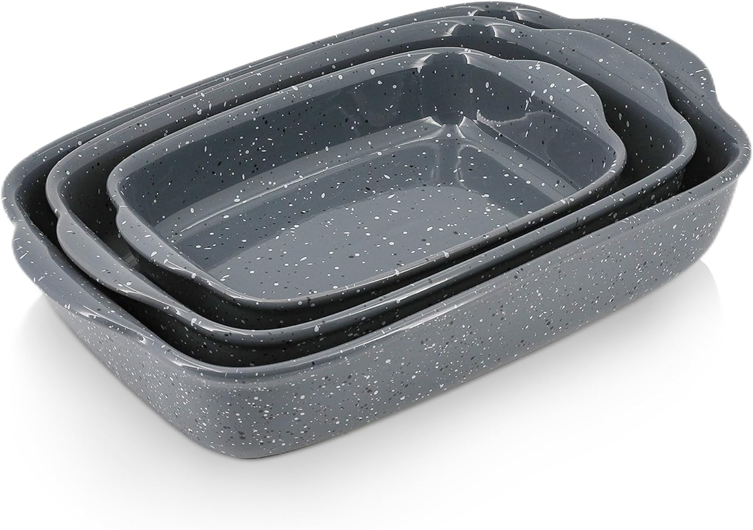 Set of 3 Ceramic Bakeware Dishes - Rectangular Baking Casseroles for Oven - High Heat Resistant - Deep Lasagna Pans with Handles - Handcrafted Speckle Series - Grey - 13.8'', 12'', 9.6
