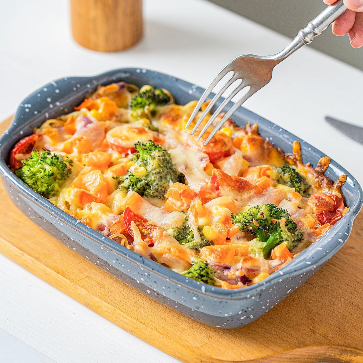 Set of 3 Ceramic Bakeware Dishes - Rectangular Baking Casseroles for Oven - High Heat Resistant - Deep Lasagna Pans with Handles - Handcrafted Speckle Series - Grey - 13.8'', 12'', 9.6