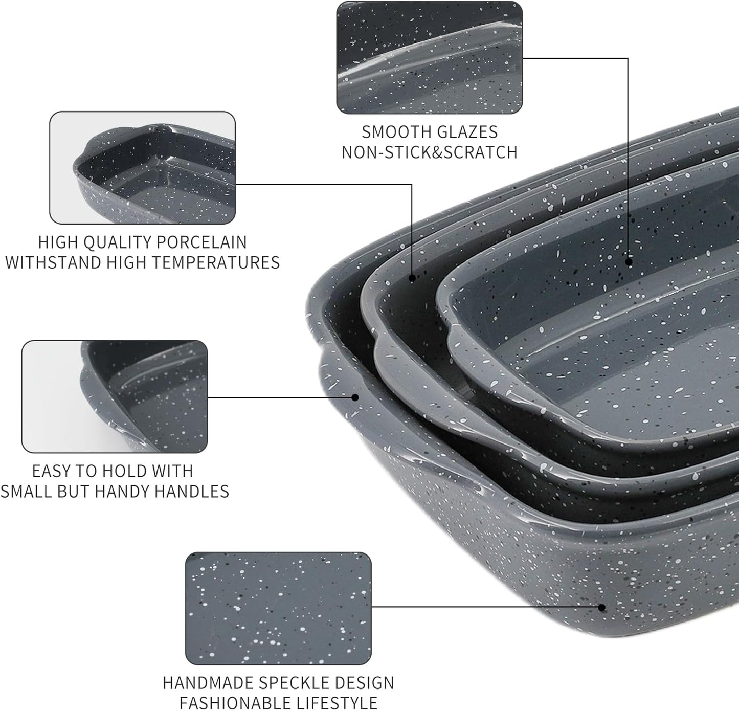 Set of 3 Ceramic Bakeware Dishes - Rectangular Baking Casseroles for Oven - High Heat Resistant - Deep Lasagna Pans with Handles - Handcrafted Speckle Series - Grey - 13.8'', 12'', 9.6