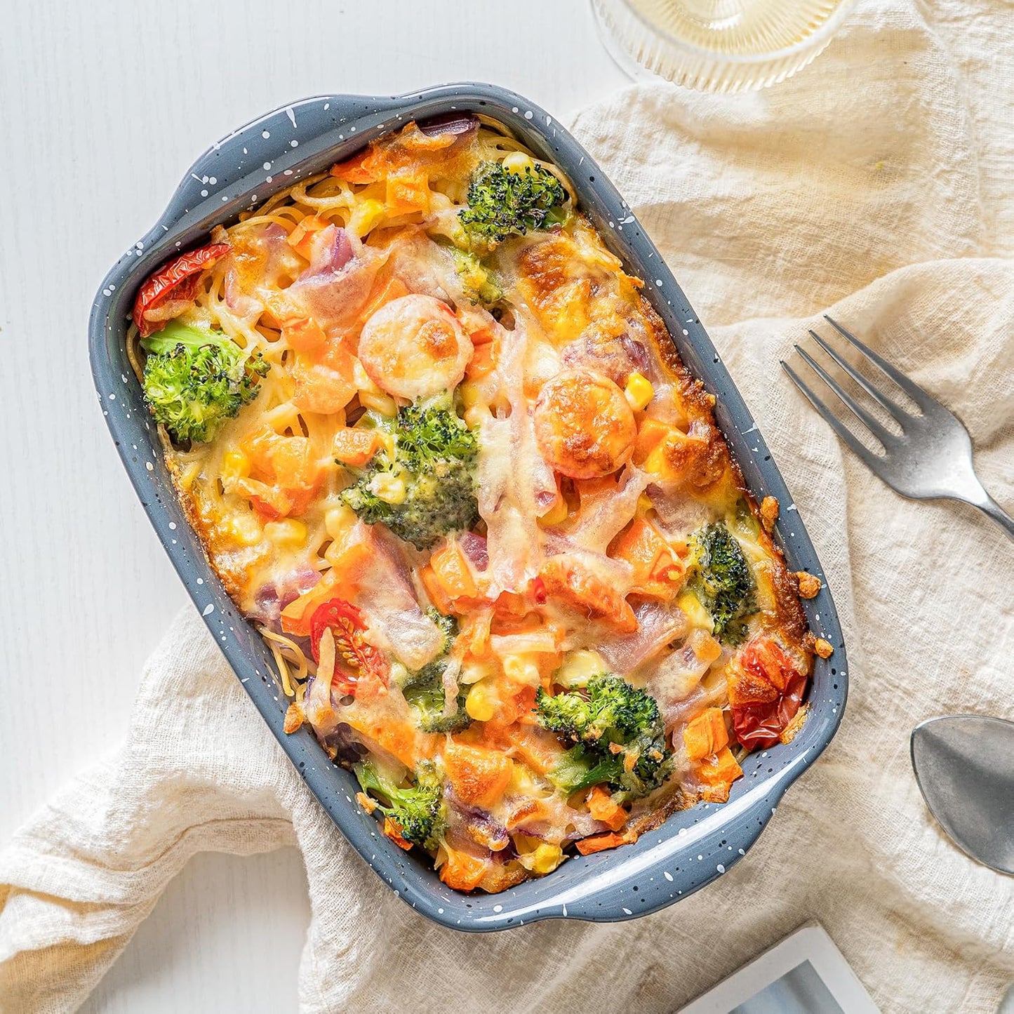 Set of 3 Ceramic Bakeware Dishes - Rectangular Baking Casseroles for Oven - High Heat Resistant - Deep Lasagna Pans with Handles - Handcrafted Speckle Series - Grey - 13.8'', 12'', 9.6