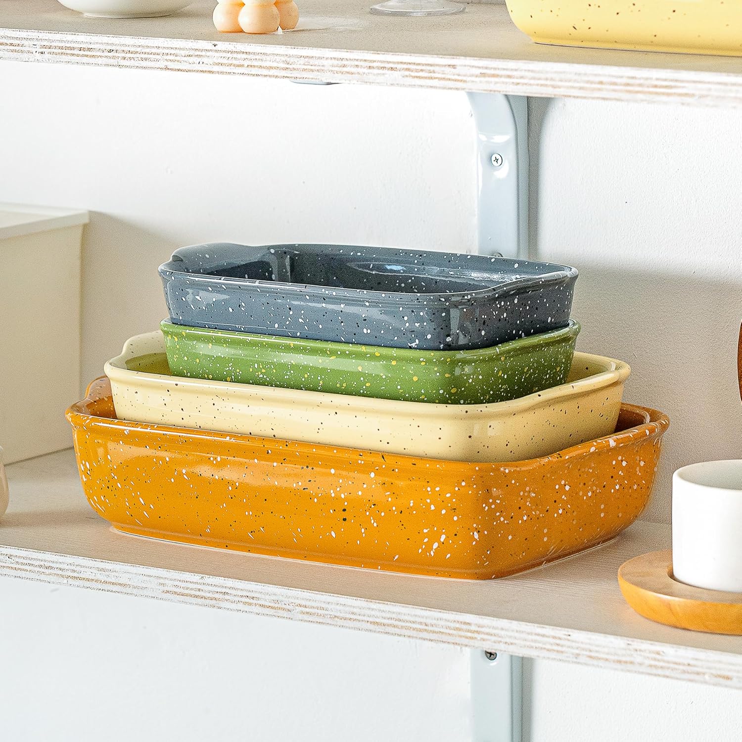 Set of 3 Ceramic Bakeware Dishes - Rectangular Baking Casseroles for Oven - High Heat Resistant - Deep Lasagna Pans with Handles - Handcrafted Speckle Series - Grey - 13.8'', 12'', 9.6